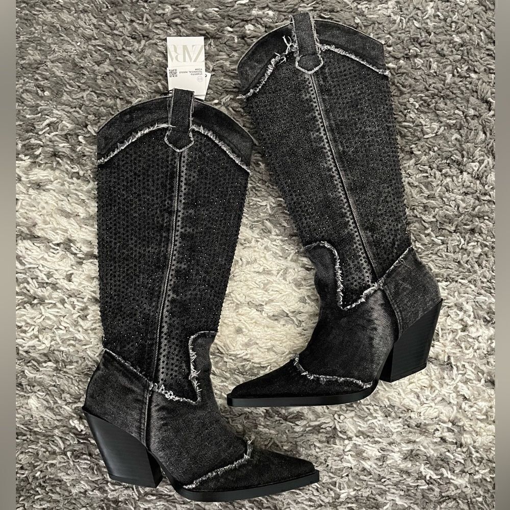 NWT Zara Rhinestone Denim Cowboy Boots - Picture 1 of 12